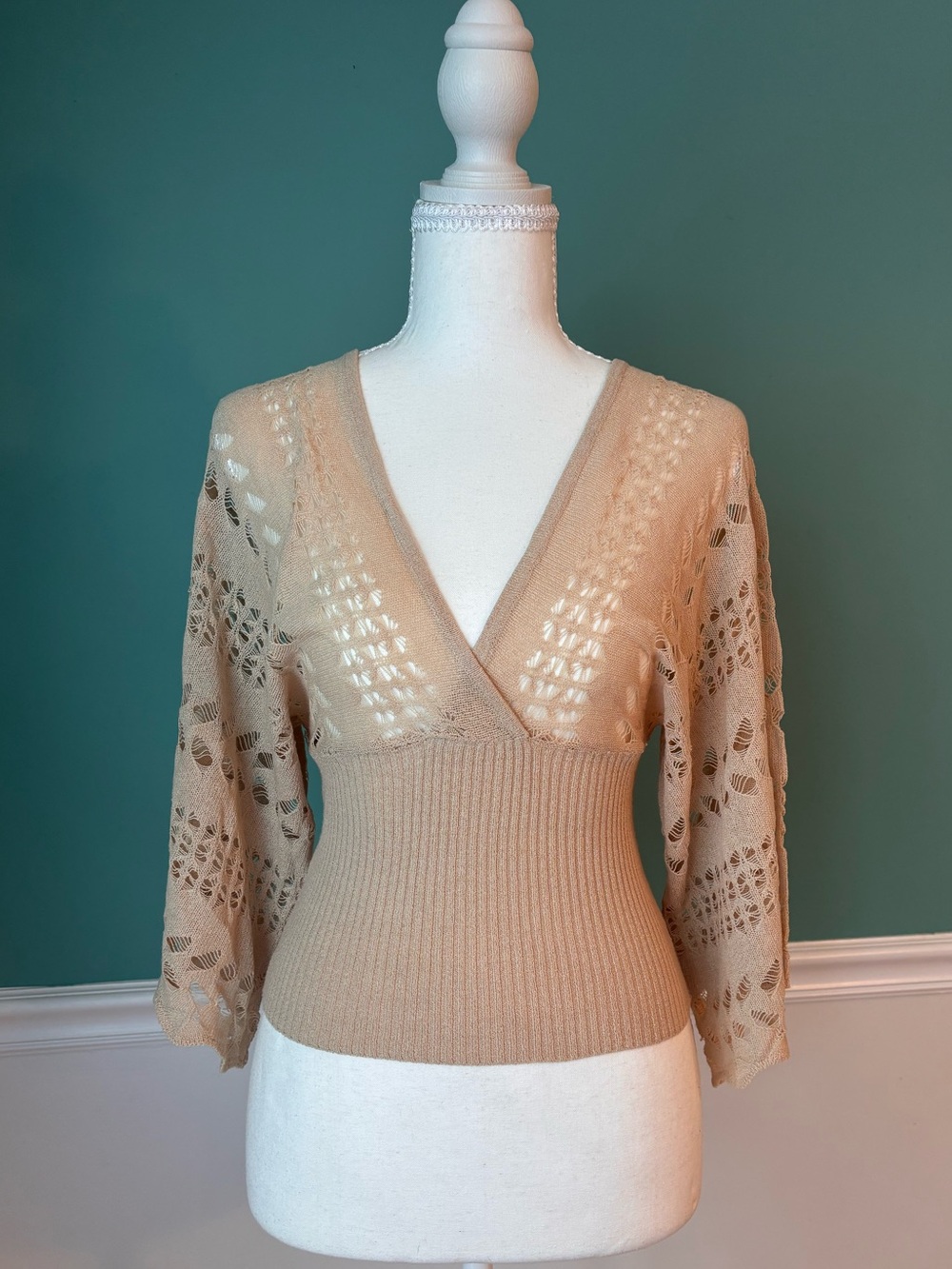 Fairycore Boho Crochet Knit Bell Sleeve Beach Cover Up Top M | Twenty One
